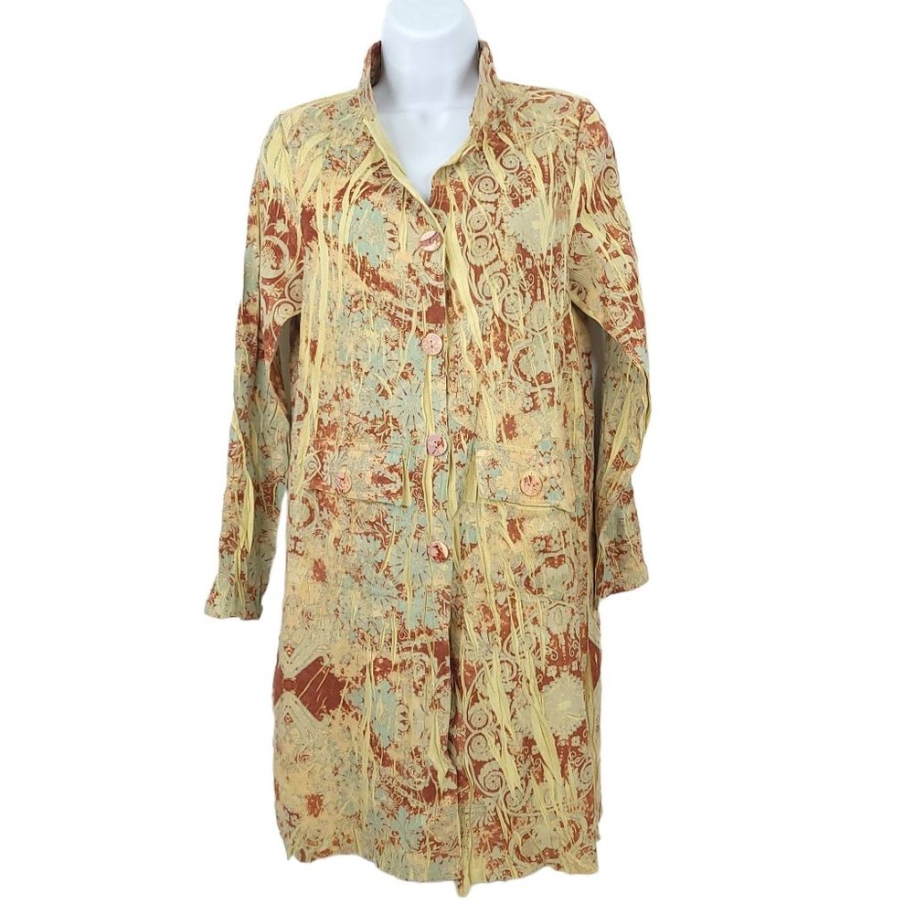 Mechant Long Jacket Womens Size M Boho Artsy Button Front Rust Tan Suede Like